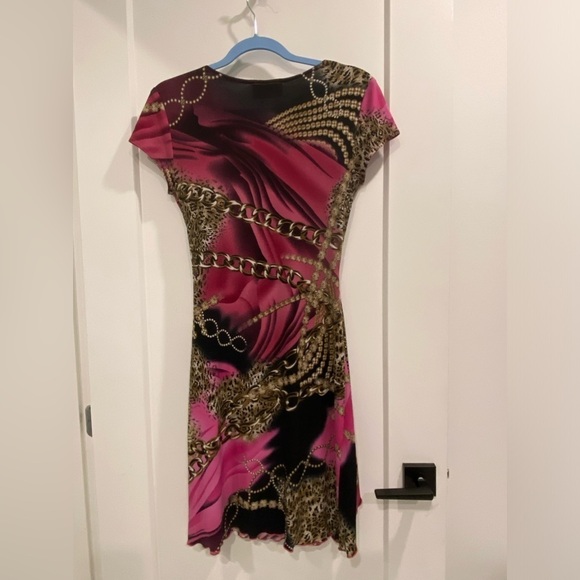 Vintage Joseph Ribkoff Y2K Chains Leopard Print Lettuce Hem Wrap Dress Size M - Picture 3 of 10